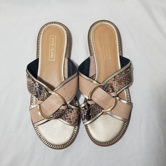 River Island Womens US 9 Slip On Snake Print Gold Chain Ring Embellished Sandal - Picture 6 of 15